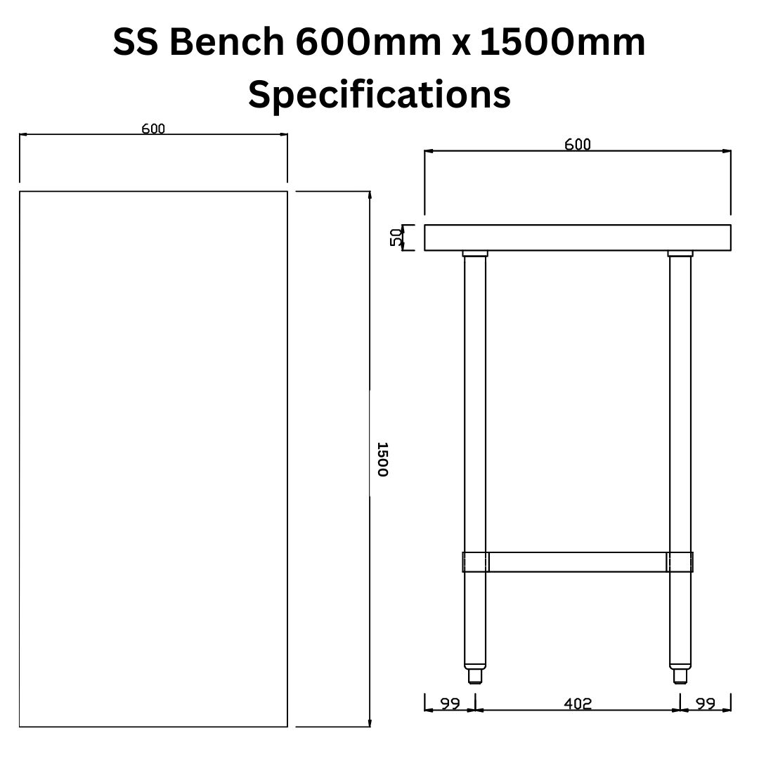 Stainless Steel Bench 600mm x 1500mm - Image 4