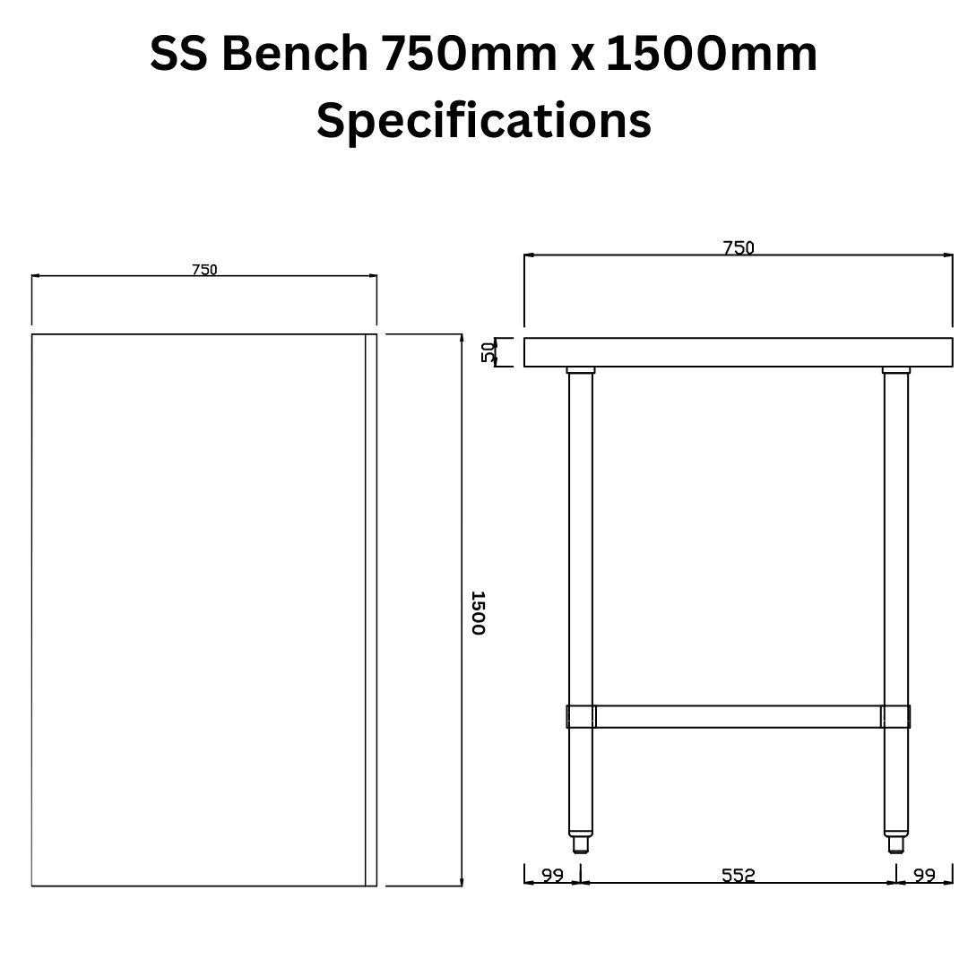 Stainless Steel Bench 750mm x 1500mm - Image 5