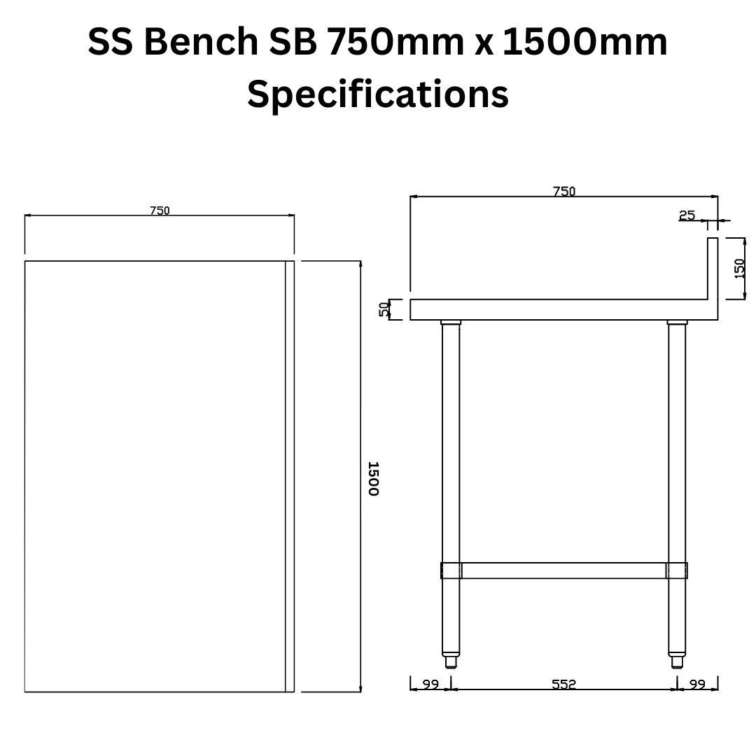 Stainless Steel Bench with Splashback 750mm x 1500mm - Image 5