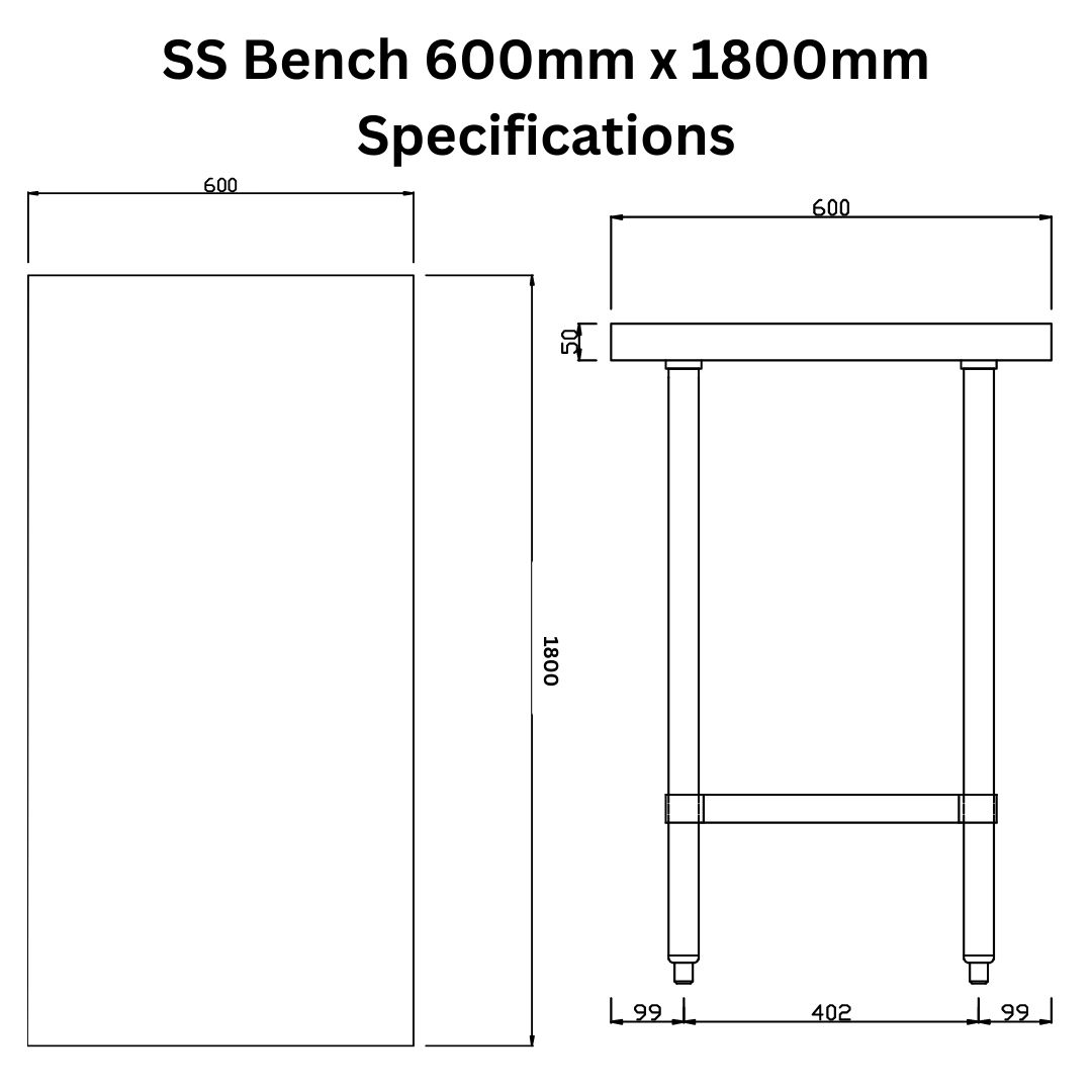 Stainless Steel Bench 600mm x 1800mm - Image 4