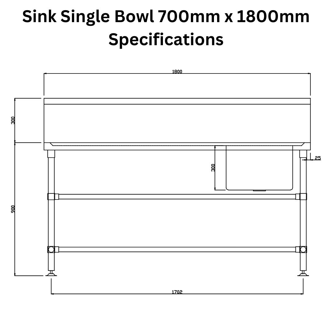 stainless steel sink 700mm x 1800mm single bowl