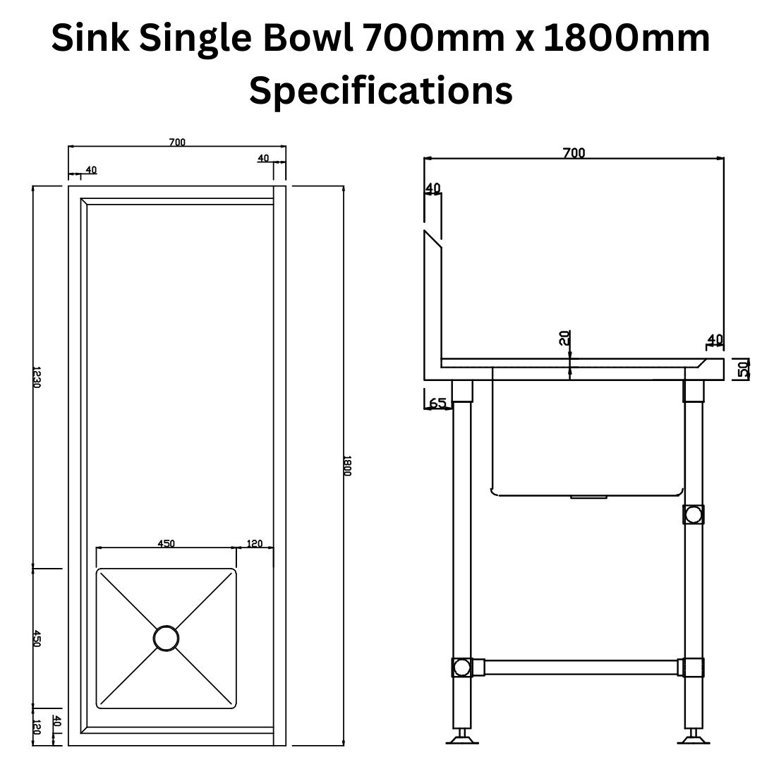 stainless steel sink 700mm x 1800mm single bowl