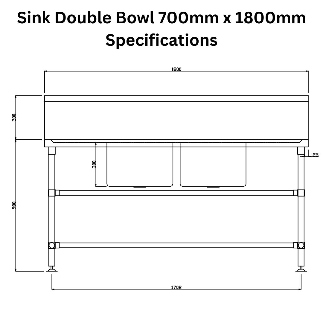stainless steel sink 700mm x 1800mm double bowl