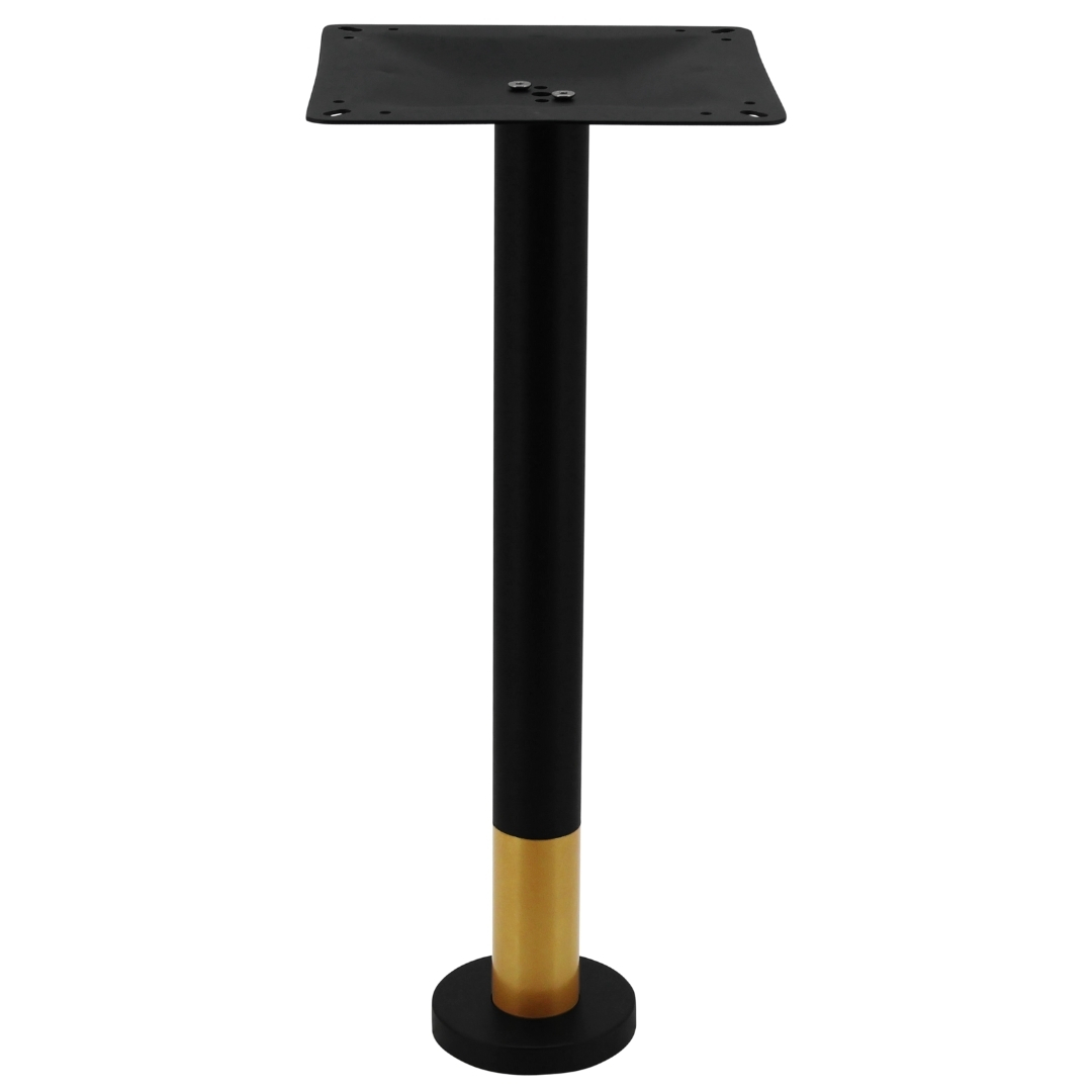 bolt in steel dining table base in matte black with round gold tip pole