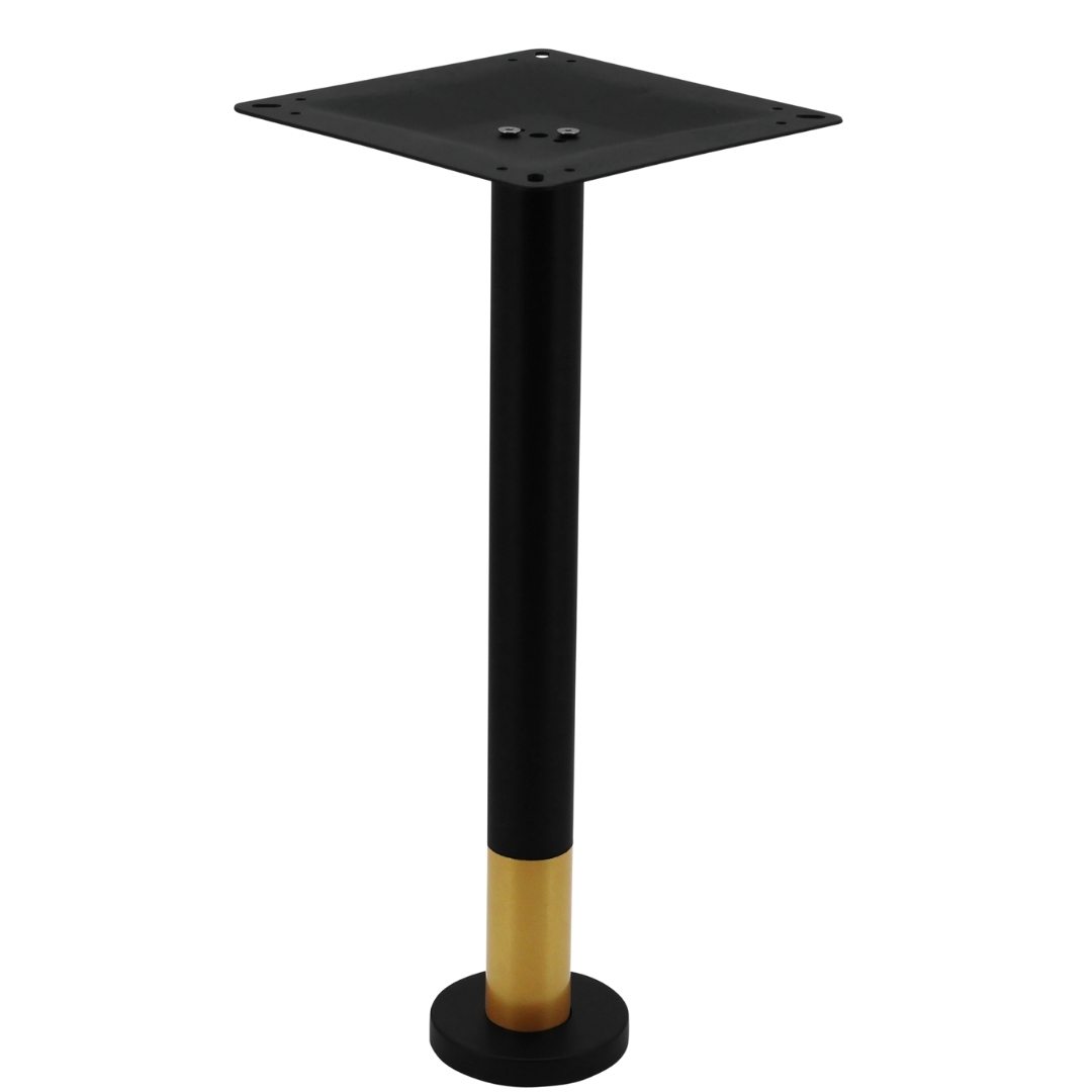 bolt in steel dining table base in matte black with round gold tip pole