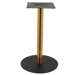 circular steel dining table base in matte black with round gold pole