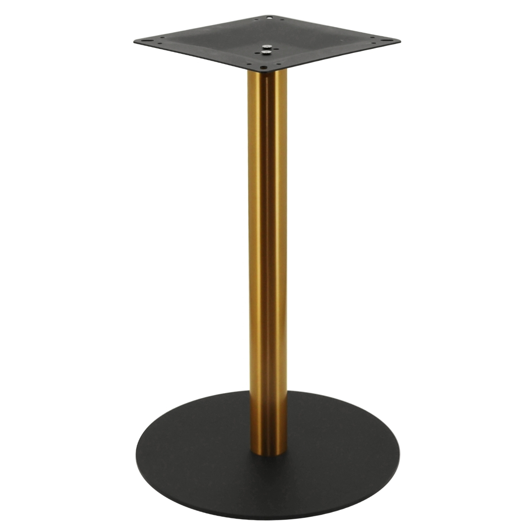 circular steel dining table base in matte black with round gold pole