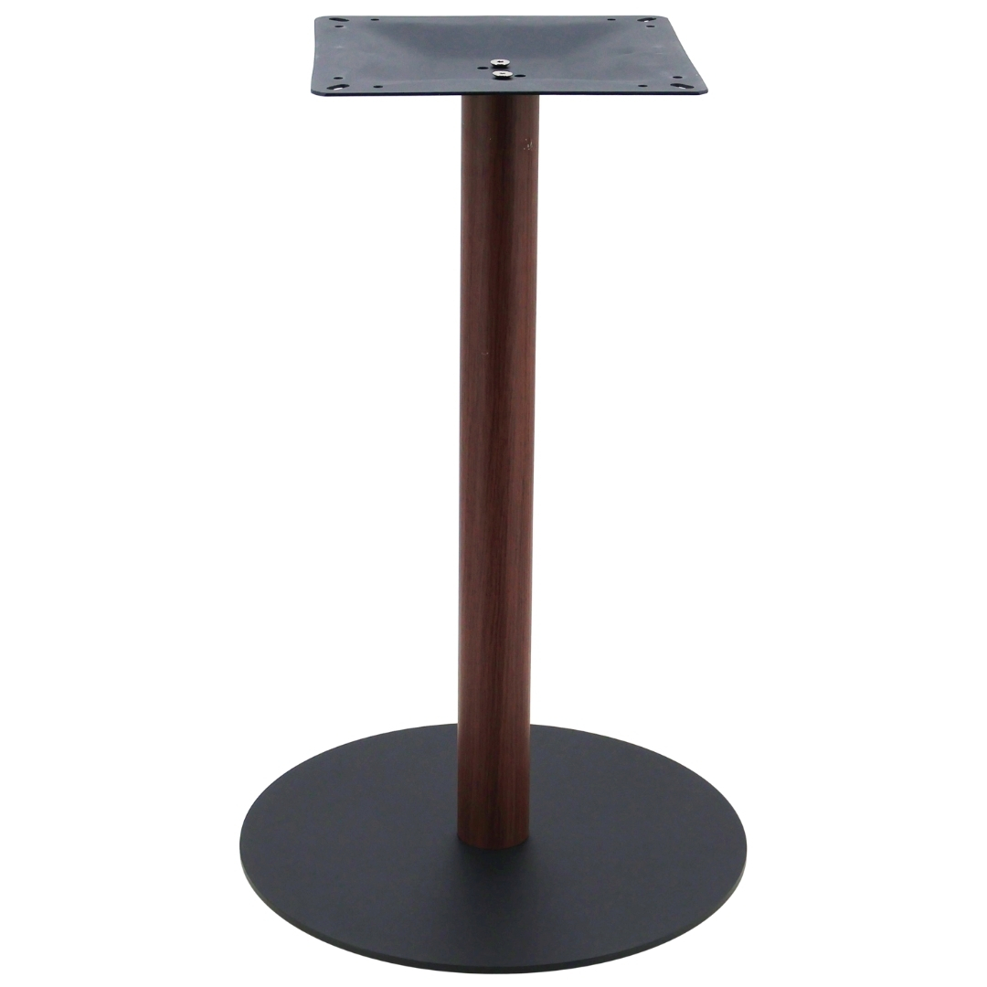 circular steel dining table base in matte black with walnut finish pole