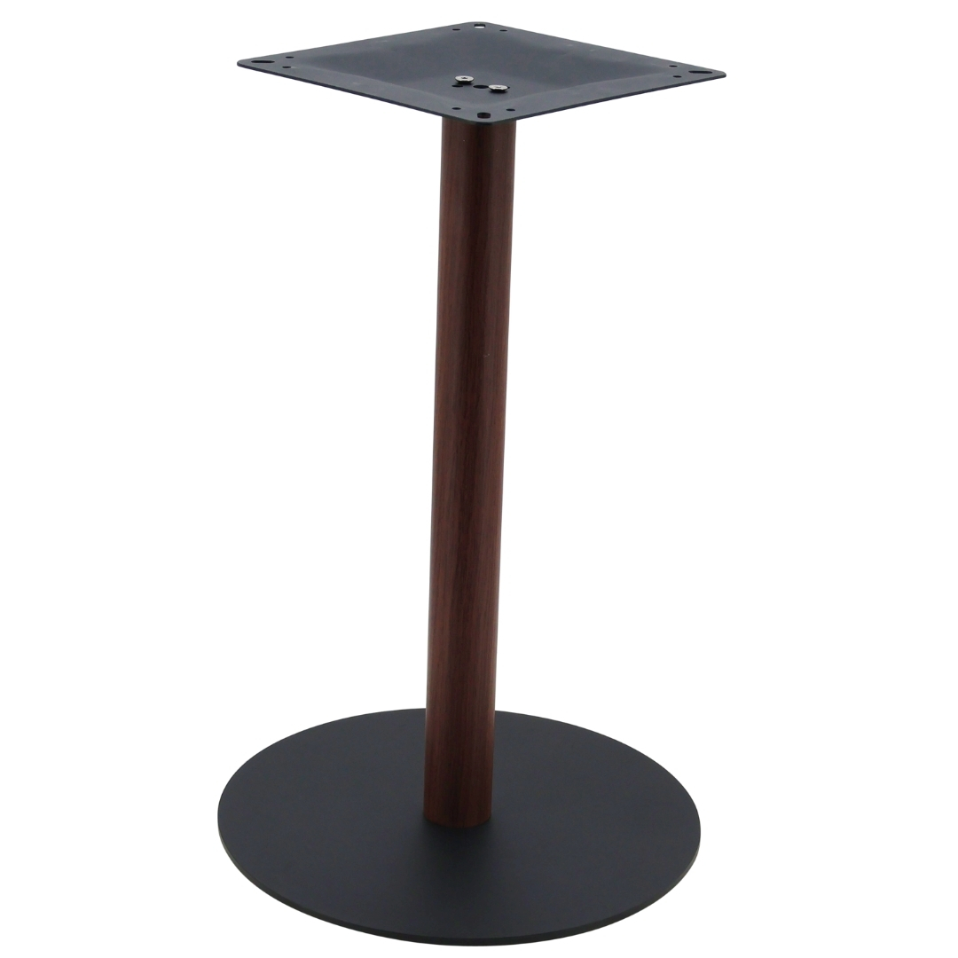 circular steel dining table base in matte black with walnut finish pole