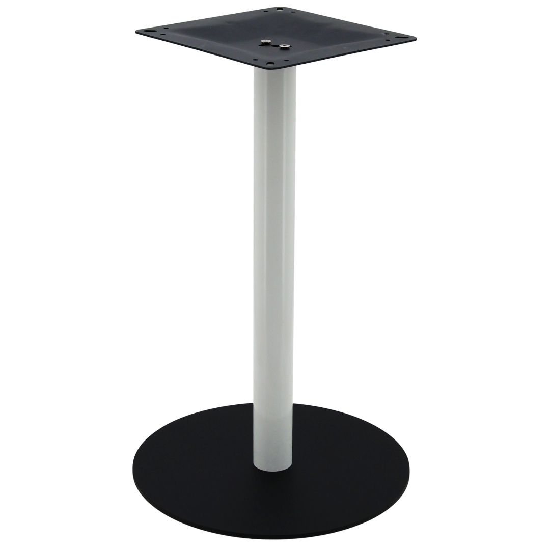 circular steel dining table base in matte black with round white pole