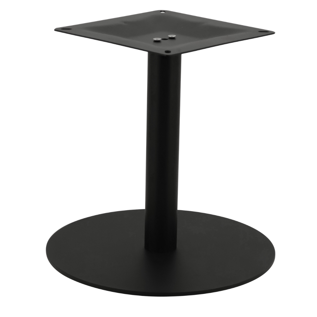 large circular steel dining table base in matte black with round pole
