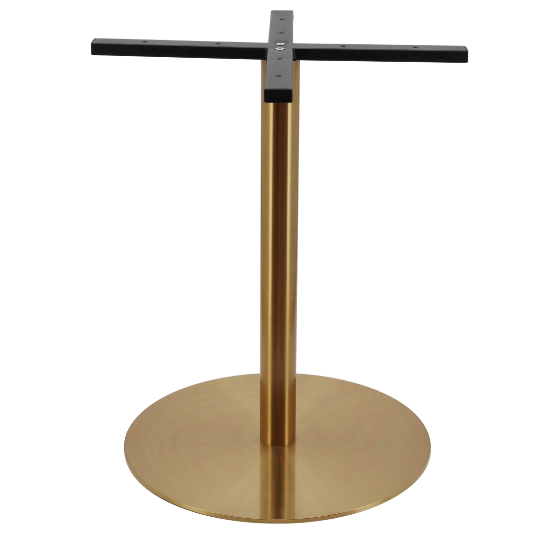 large circular stainless steel dining table base in gold finish with round pole
