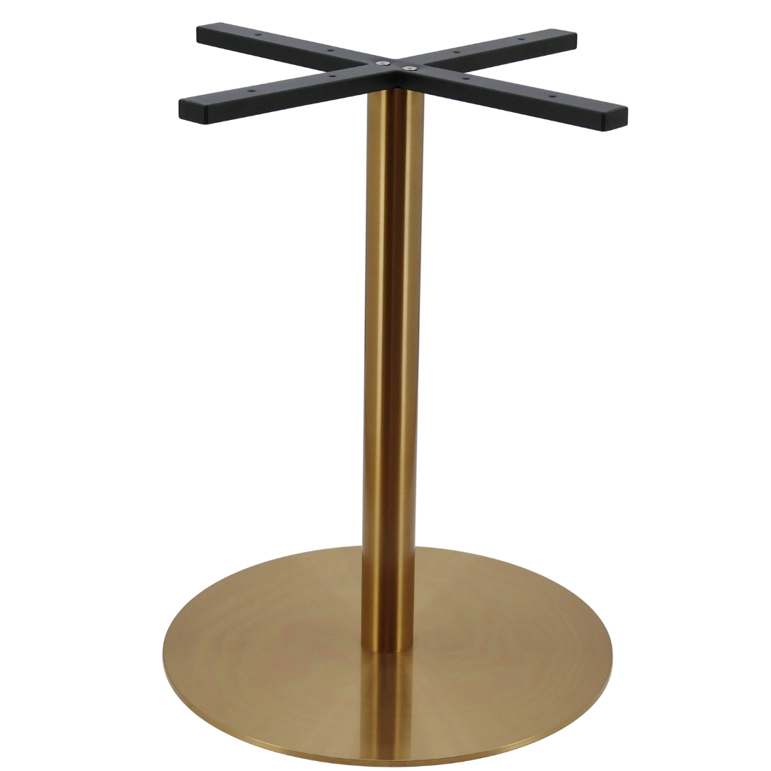 large circular stainless steel dining table base in gold finish with round pole