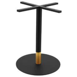 large circular steel dining table base in matte black with gold tip round pole