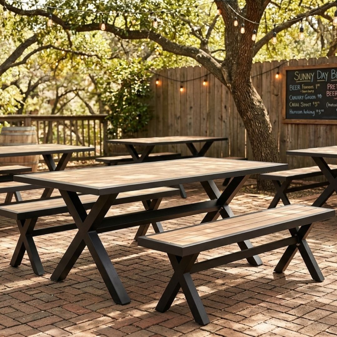 teak aluminium picnic table in matte black 1600mm